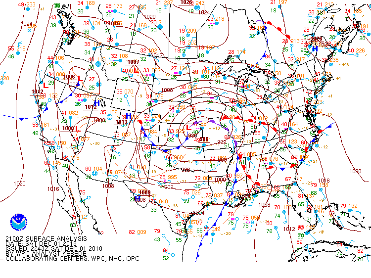 Surface weather map for 3:00 pm on December 1, 2018.
