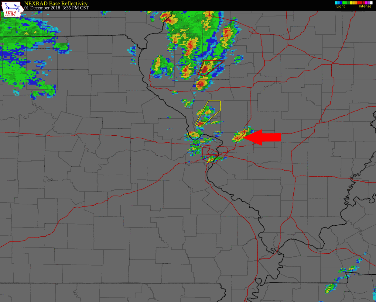 Radar at 3:35 pm, with the arrow pointing to the storm sitting approximately over Hamel, IL along I-55.
